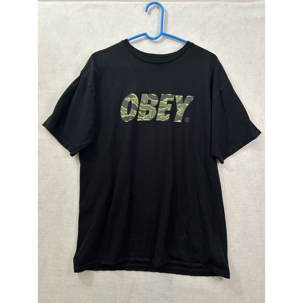 Obey Clothing Men's Size Large Black Graphic T-Shirt Camo Logo Spellout Tee L
